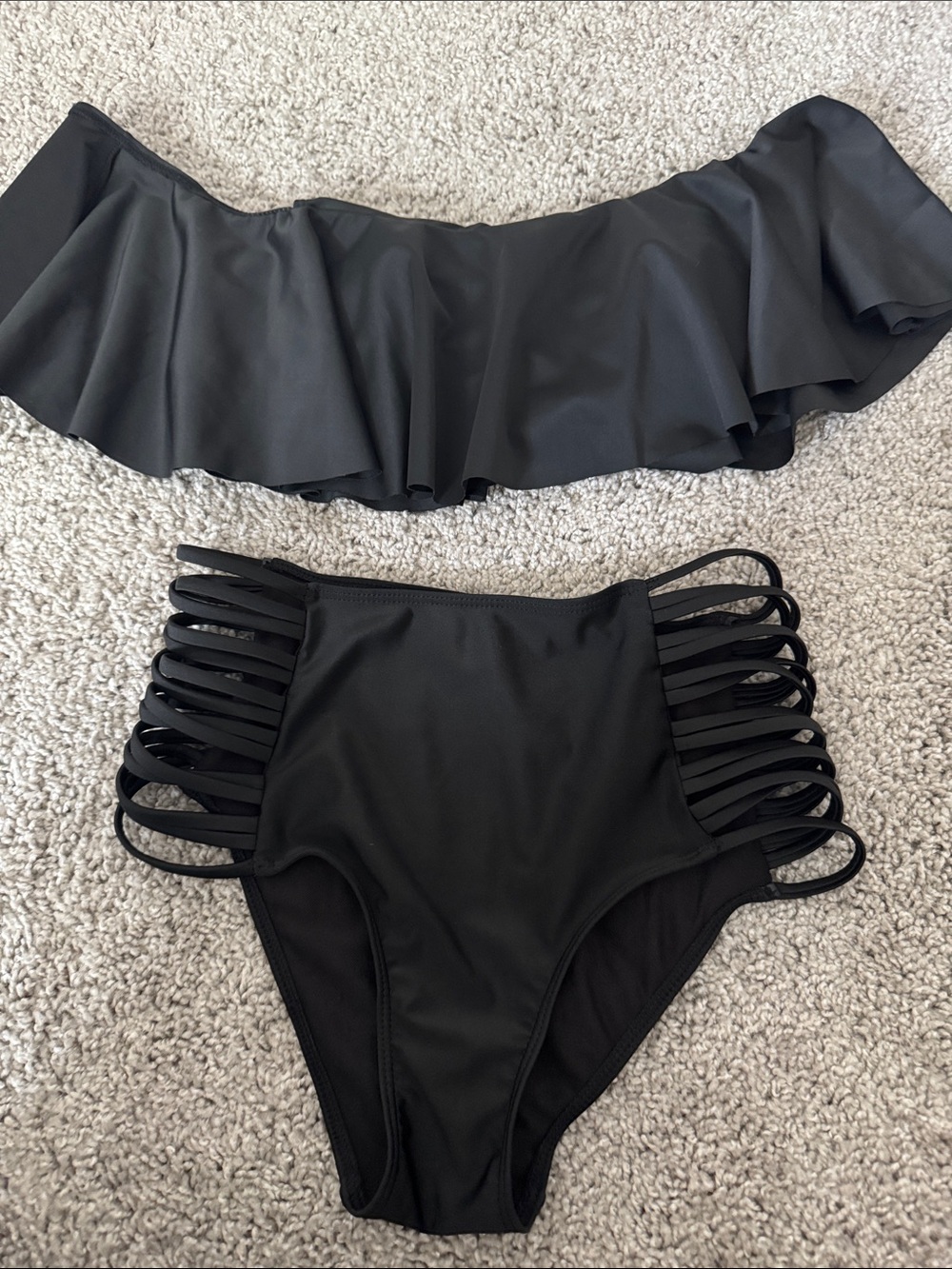 Fashion Nova Black Off-Shoulder Ruffle Bikini with Strappy High-Waist Bottoms